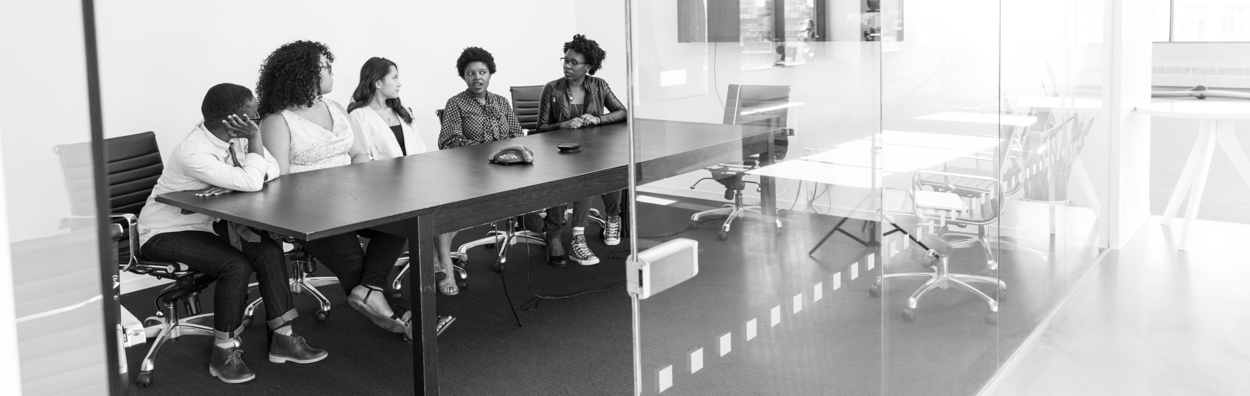 diverse people sitting at a large meeting table